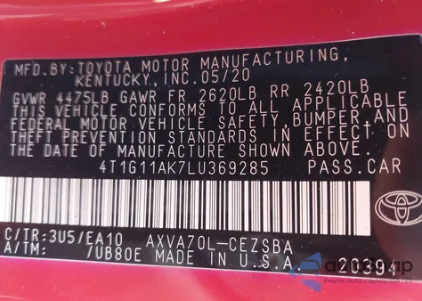 2020 Toyota Camry Se z USA, uszkodzony, nr VIN 4T1G11AK7LU369285